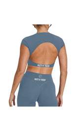 Load image into Gallery viewer, Blue Grey Open Back Crop Top **PRE-ORDER**
