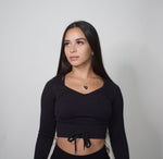 Load image into Gallery viewer, Black Draw String Ribbed Long Sleeve Crop Top
